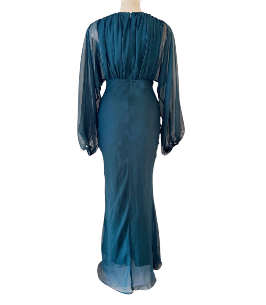 Balloon Sleeve Evening Dress - Dark Green