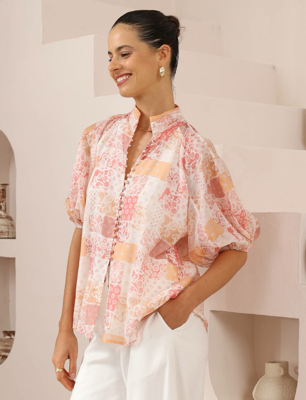 Short Sleeve Blouse - Peach floral