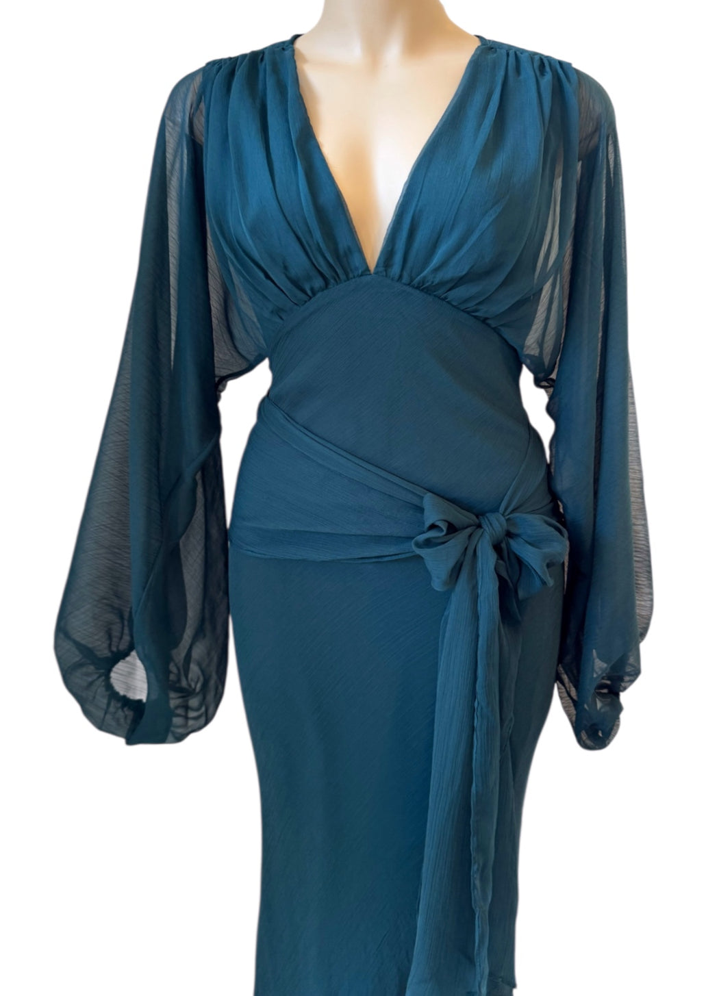 Balloon Sleeve Evening Dress - Dark Green