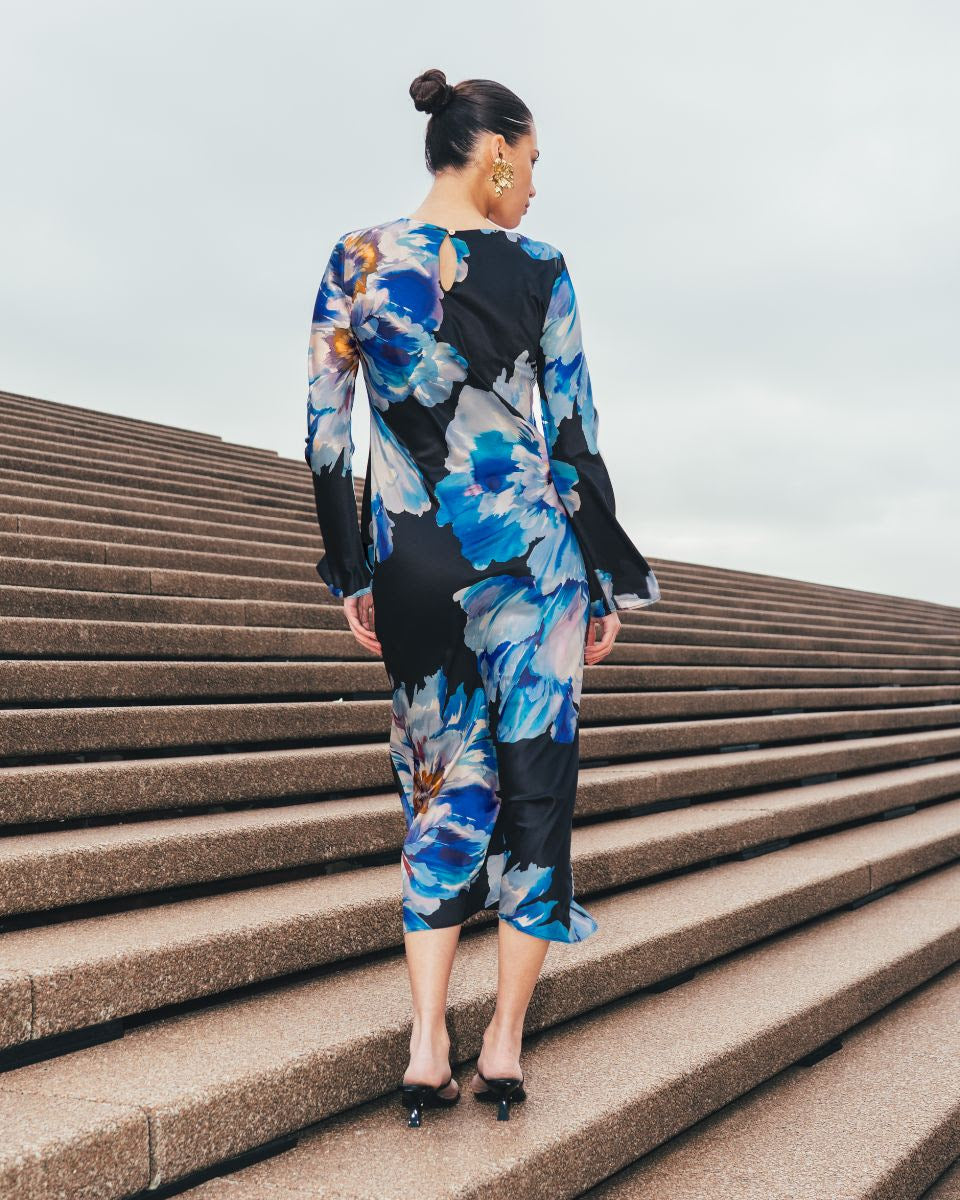 Midnight Bloom silky Maxi Dress - Blue Floral