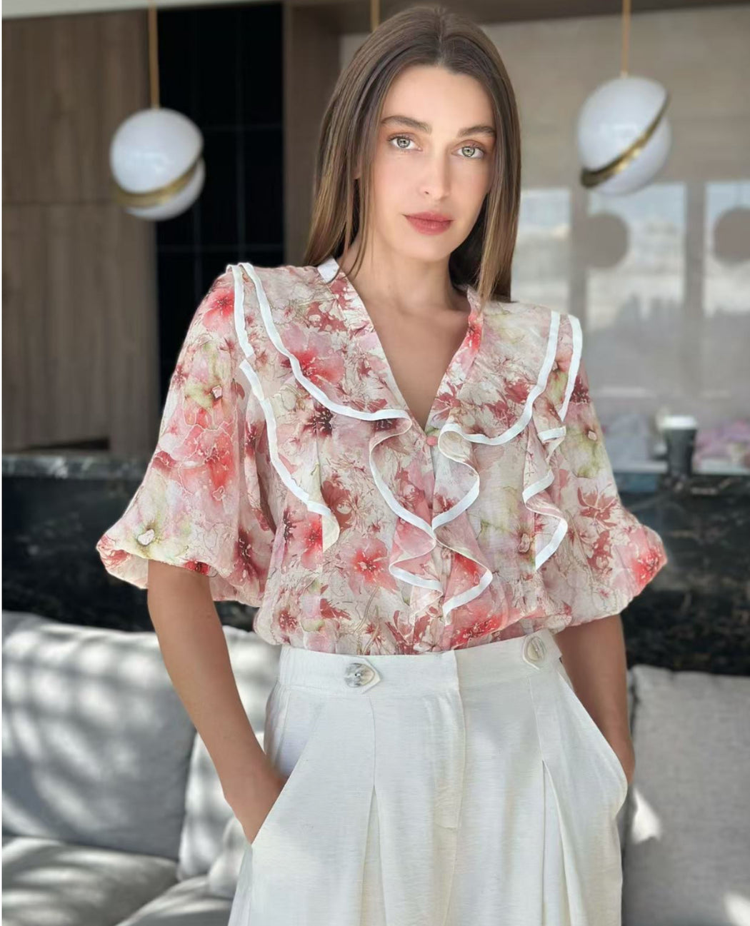 Frill detail Blouse - Pink floral multi