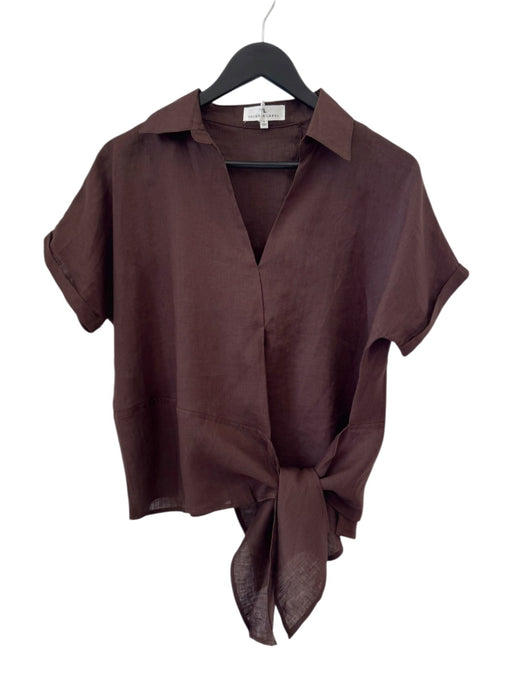 Roll Sleeve Linen Tie Top - Chocolate