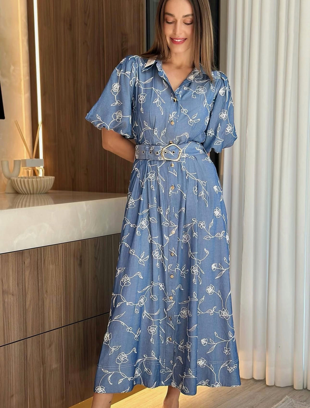 Midi Dress - Blue with white flowers