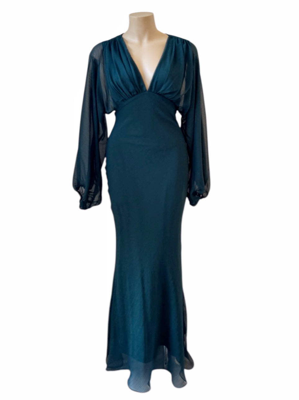 Balloon Sleeve Evening Dress - Dark Green