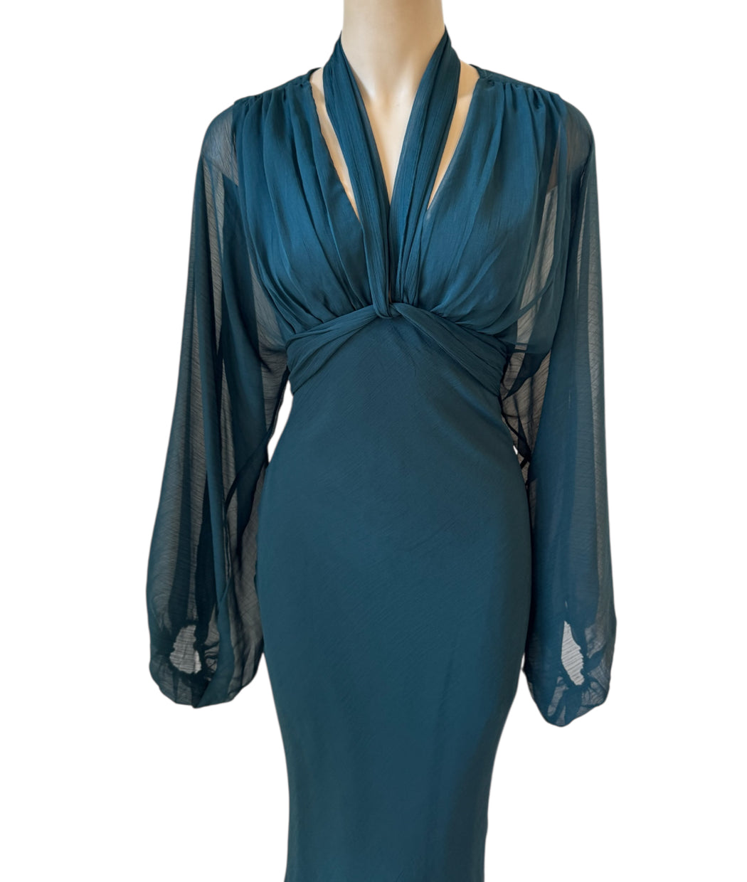 Balloon Sleeve Evening Dress - Dark Green