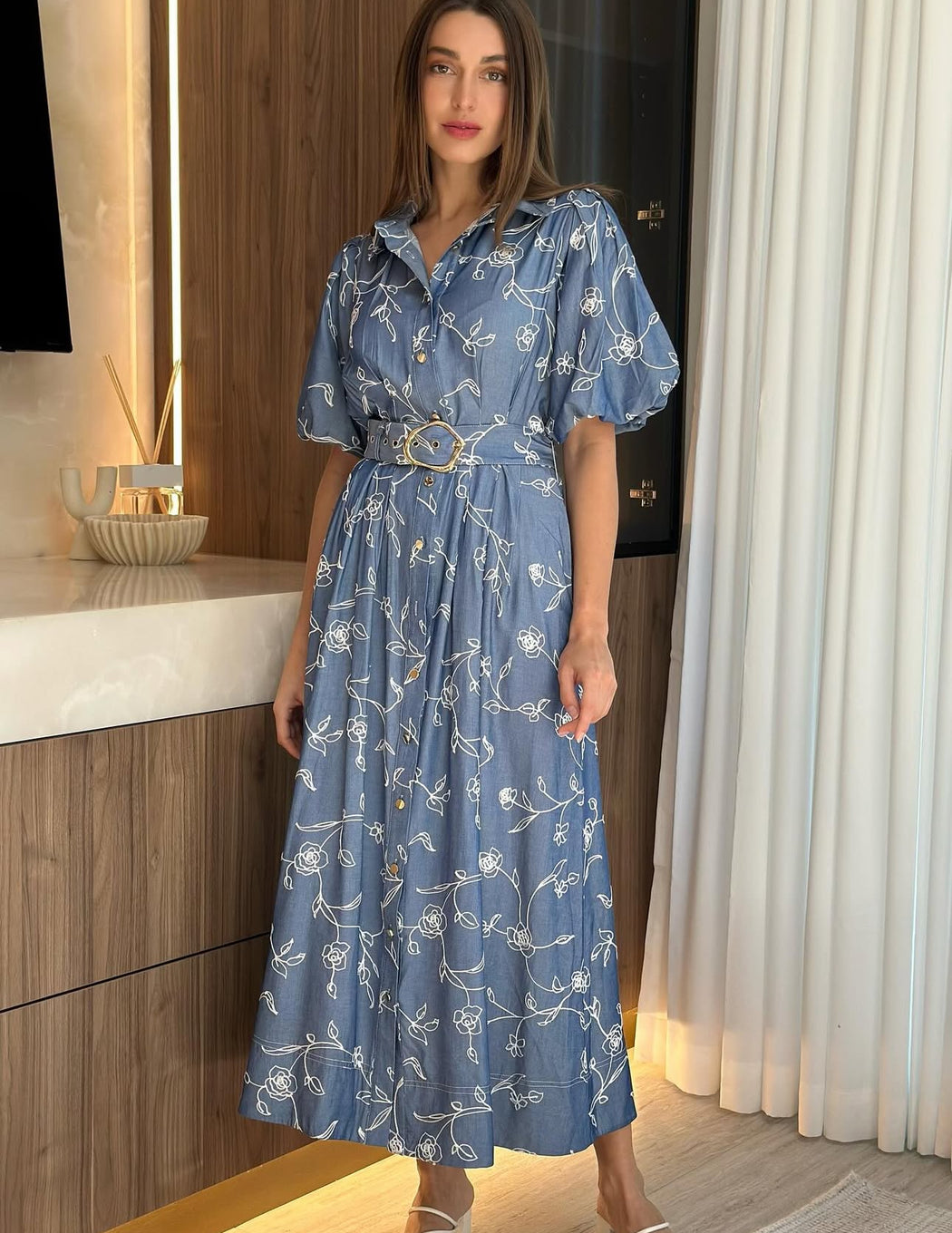Midi Dress - Blue with white flowers
