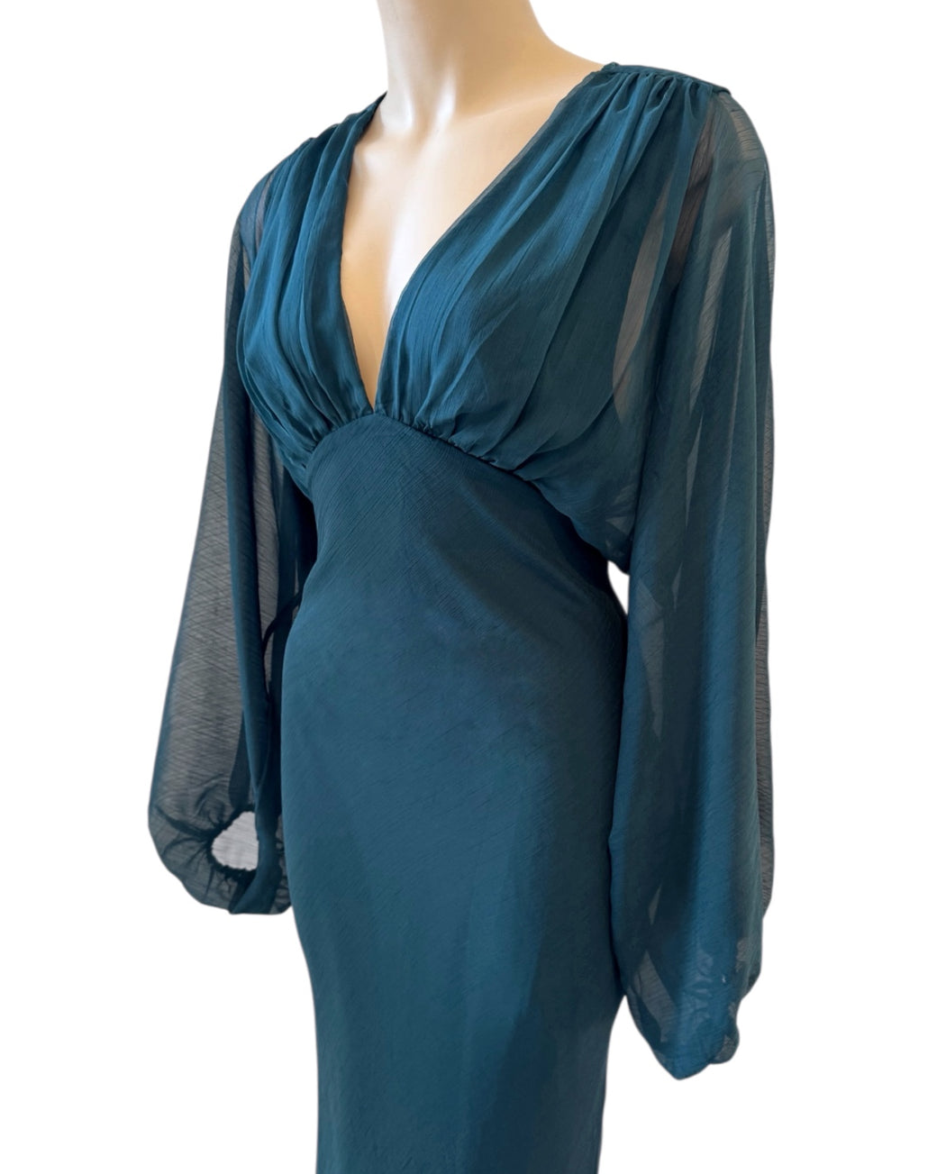 Balloon Sleeve Evening Dress - Dark Green