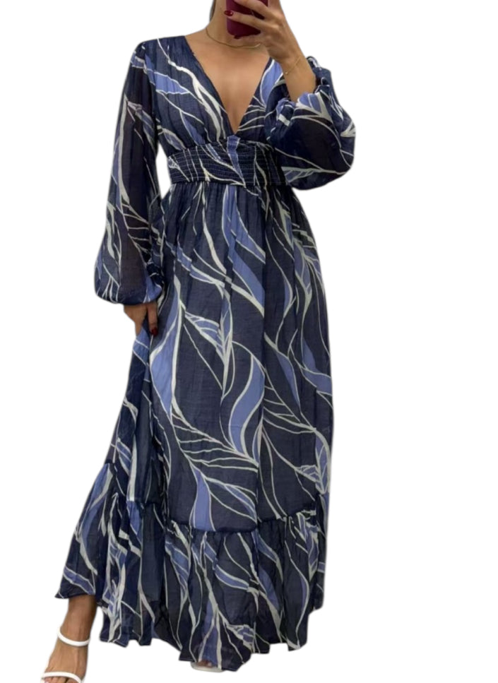 Long sleeve Maxi Dress - Navy swirl