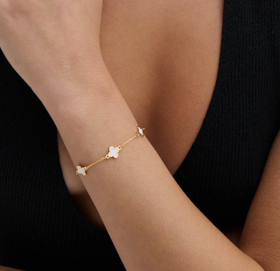 18k Plated Gold Clover and white Bracelet