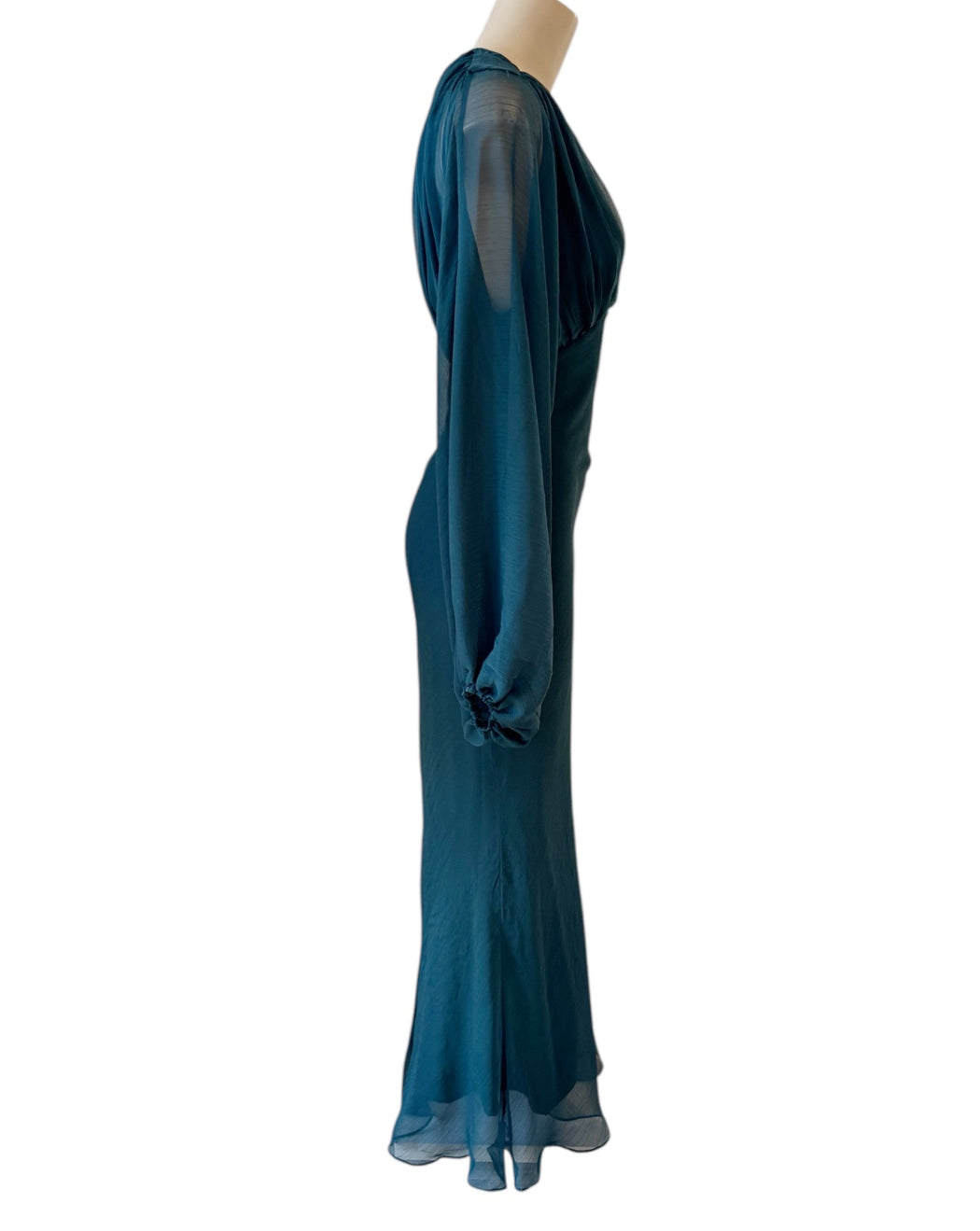 Balloon Sleeve Evening Dress - Dark Green