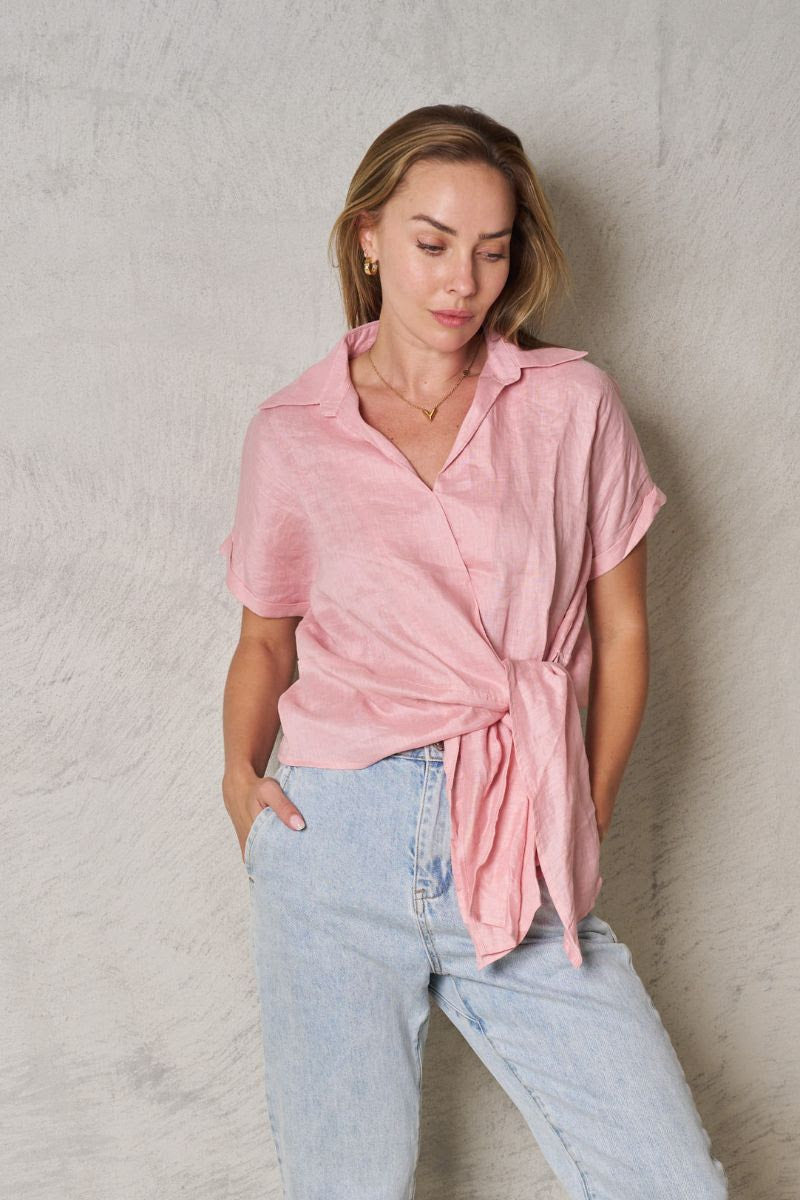 Roll Sleeve Linen Tie Top - Dusty Pink