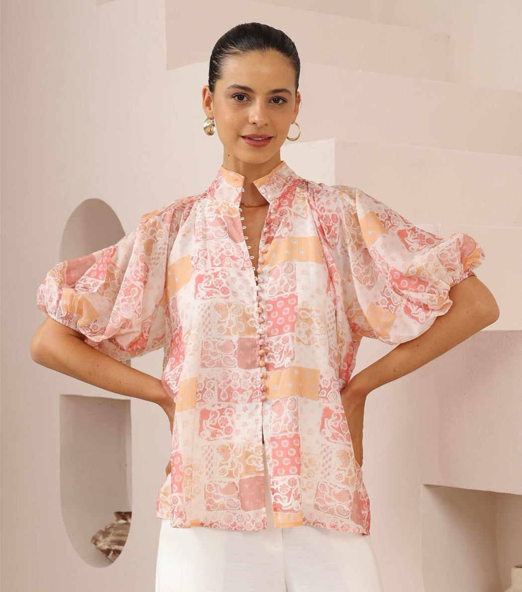 Short Sleeve Blouse - Peach floral
