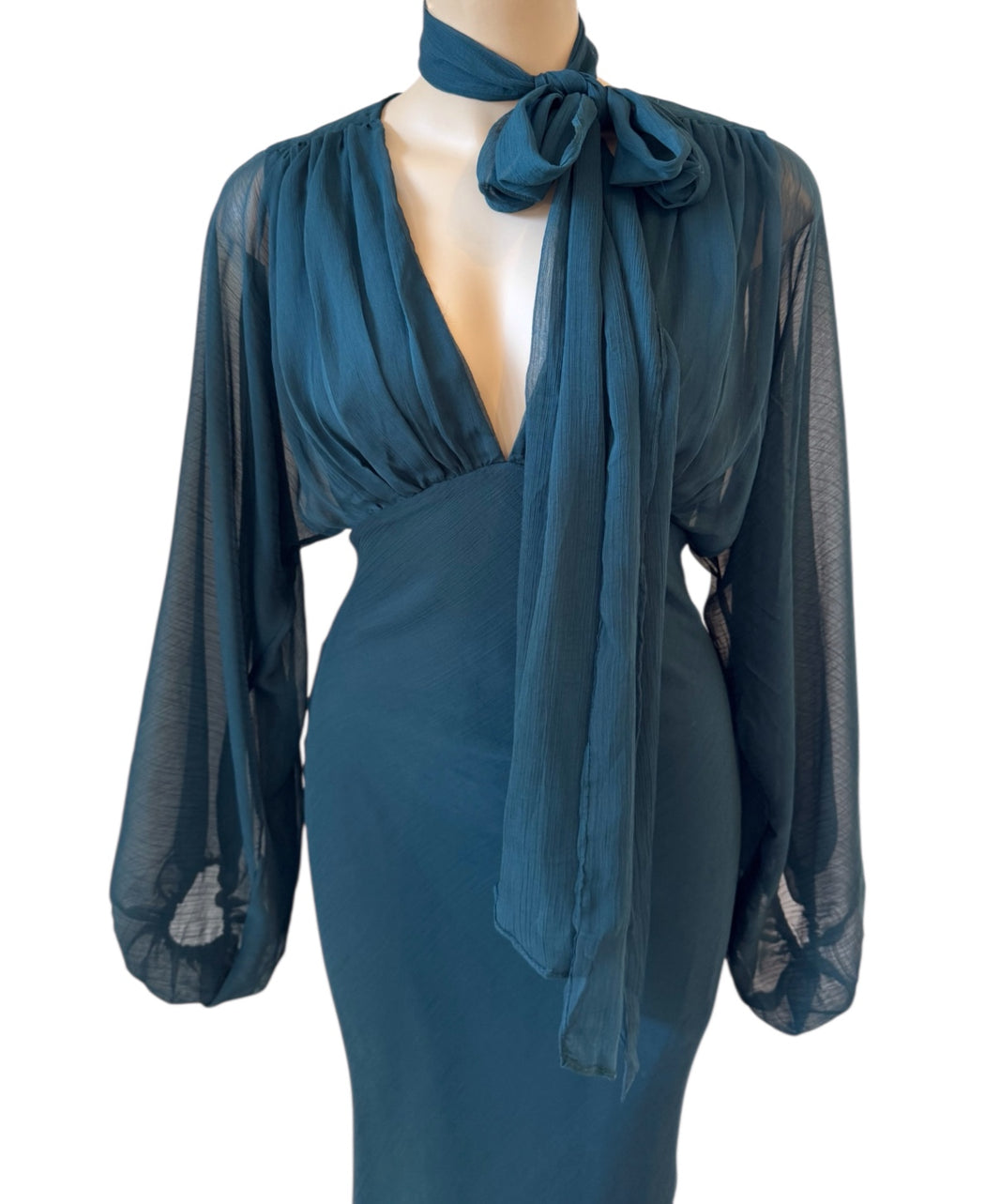 Balloon Sleeve Evening Dress - Dark Green