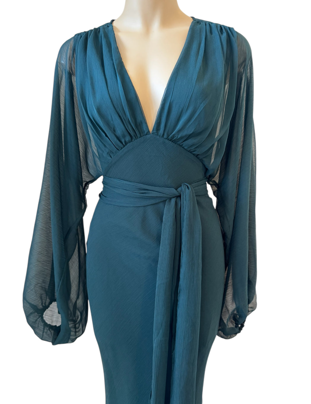 Balloon Sleeve Evening Dress - Dark Green