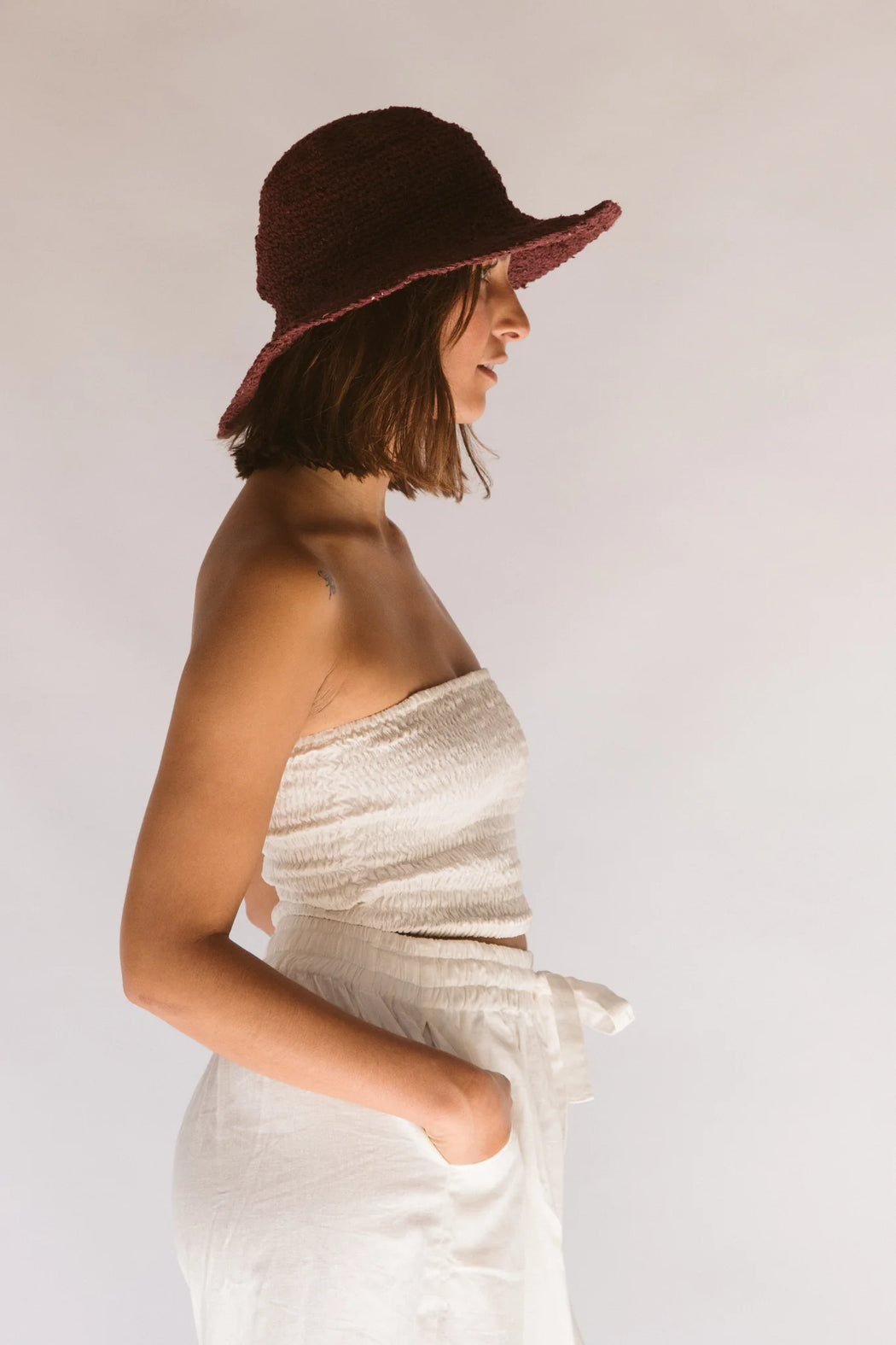 NEW COLOUR Merlot Hemp + Cotton Woven Hat - by hobo & hatch - Polly short brim - Dark Red