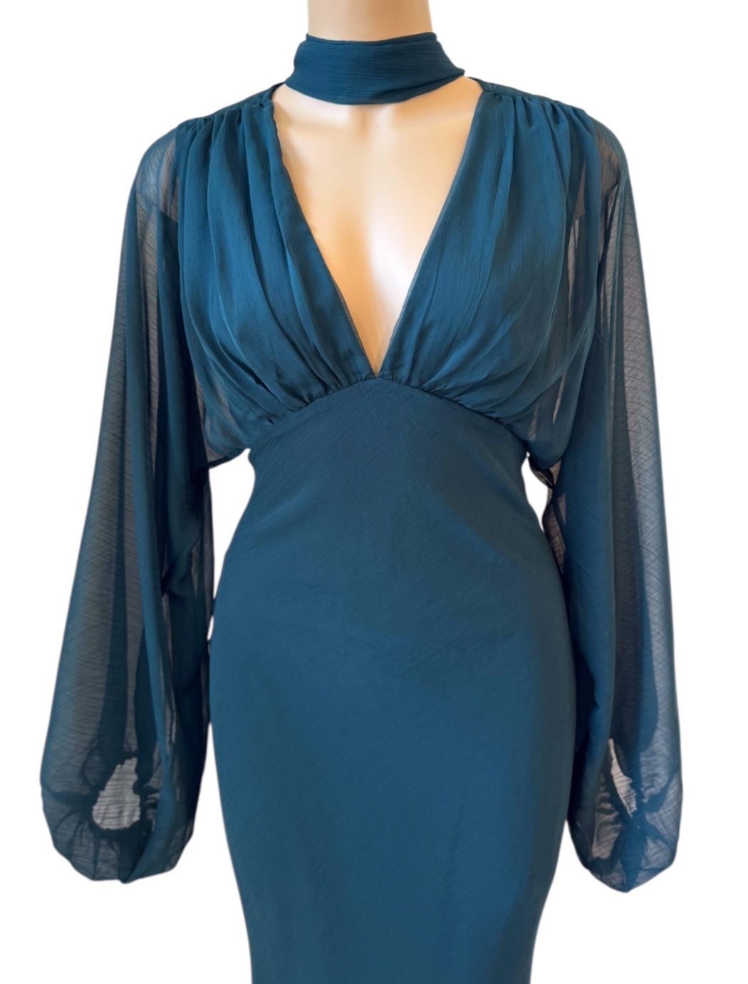 Balloon Sleeve Evening Dress - Dark Green