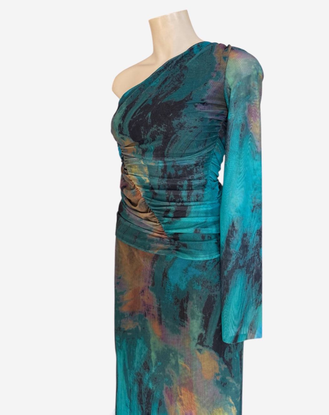 One shoulder Mesh Two Piece Skirt and Top set - Teal multi