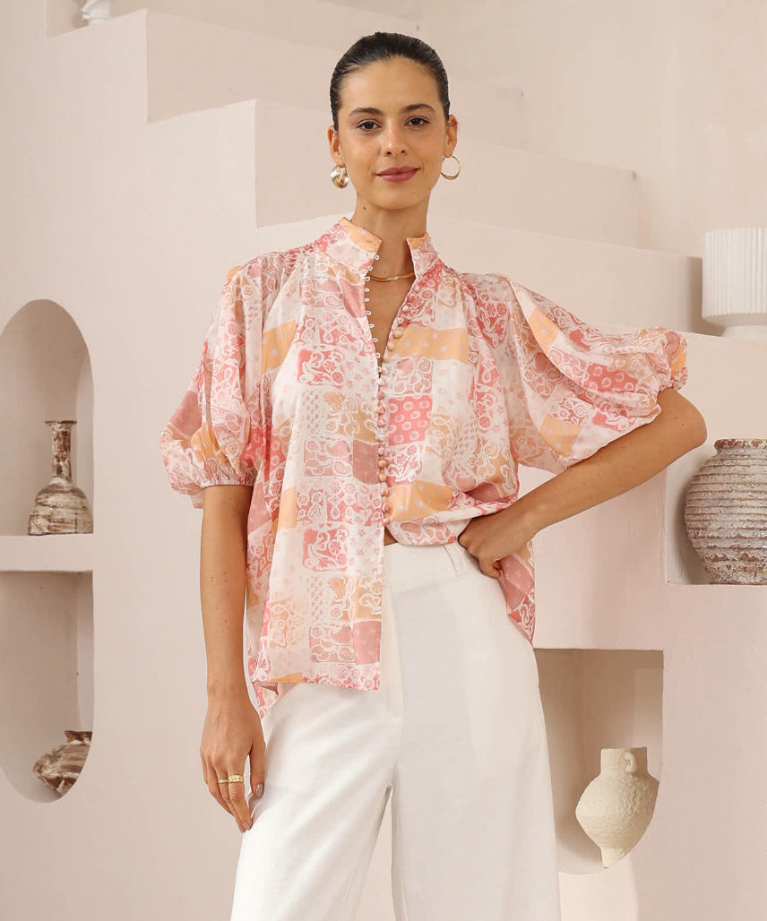 Short Sleeve Blouse - Peach floral