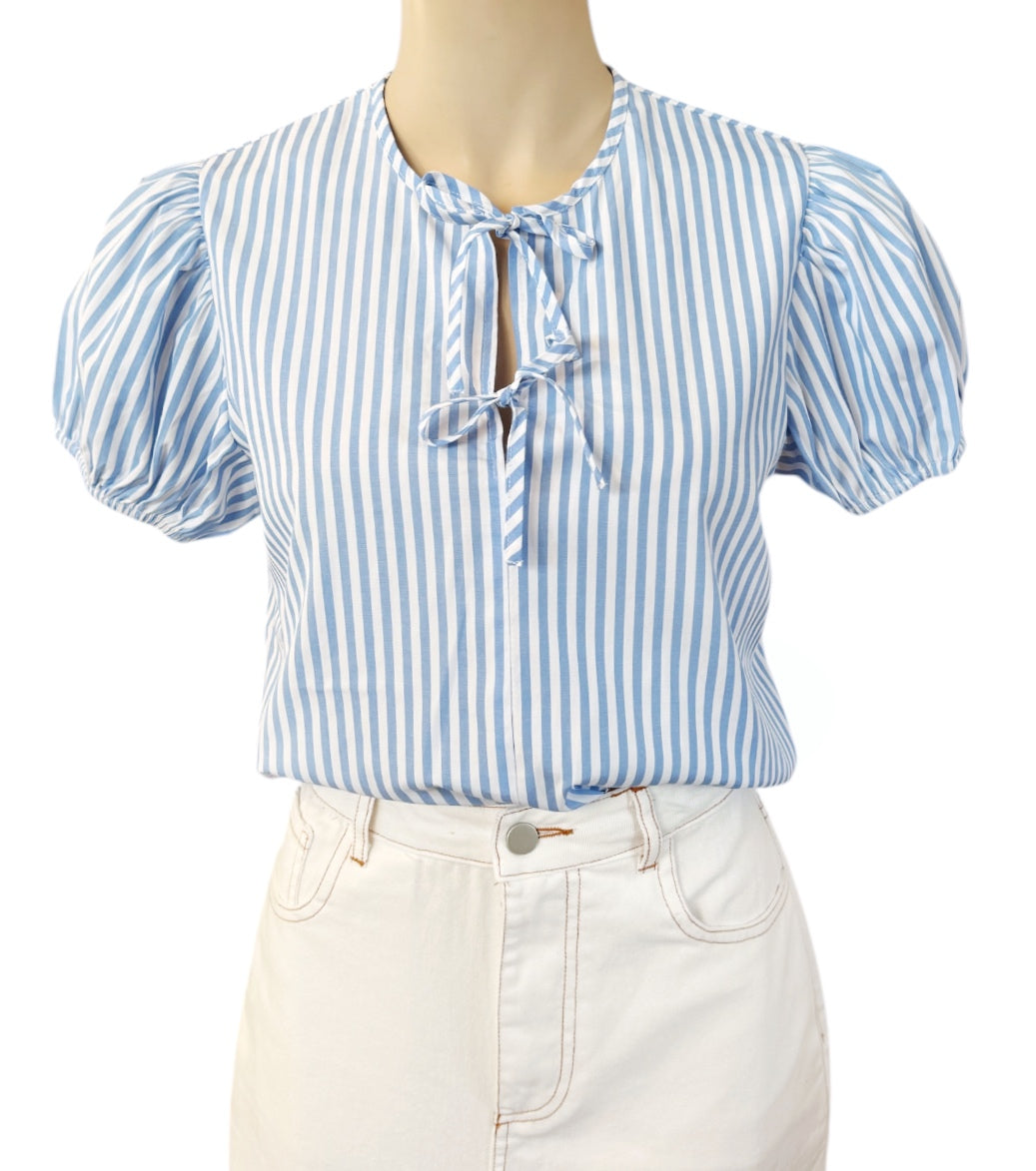 Pinstripe bow top - Blue and White