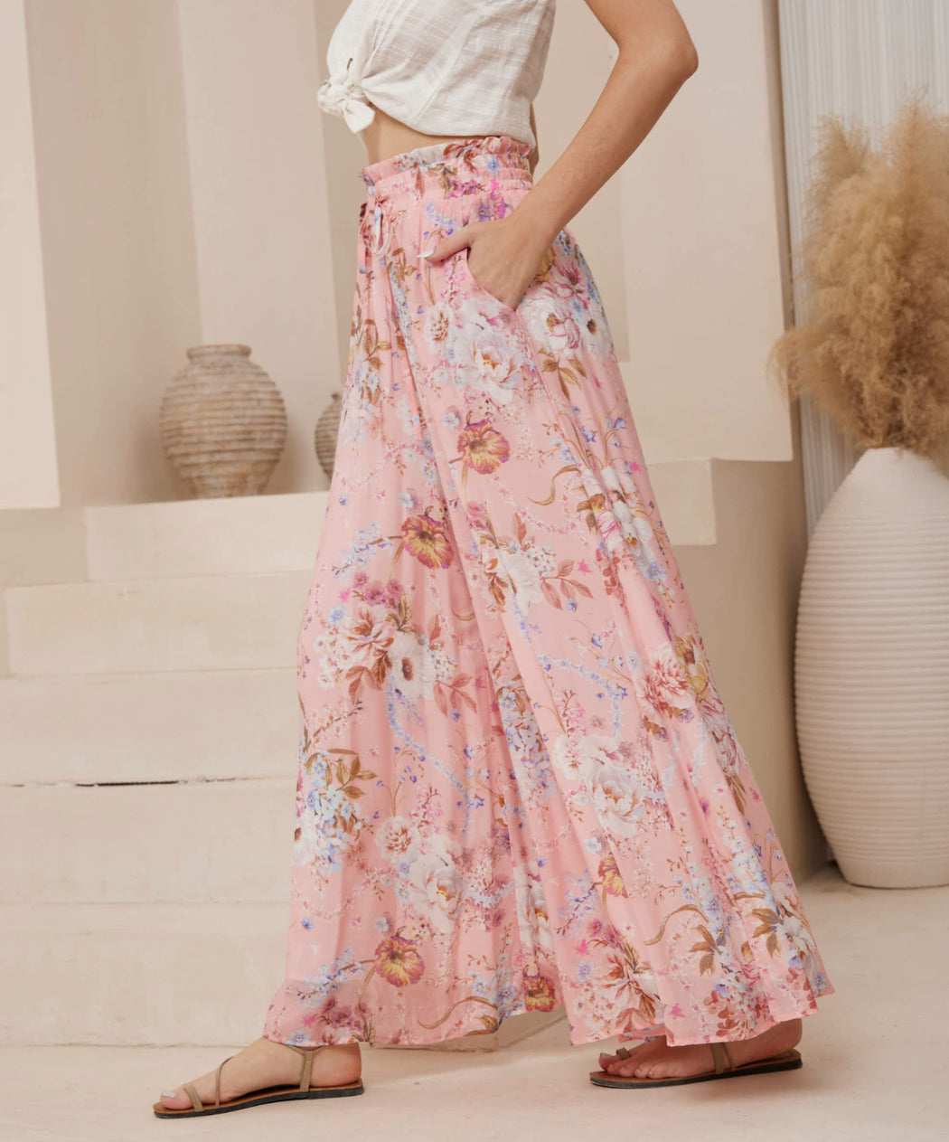 Lightweight Rayon Palazzo Pants - Pink Floral