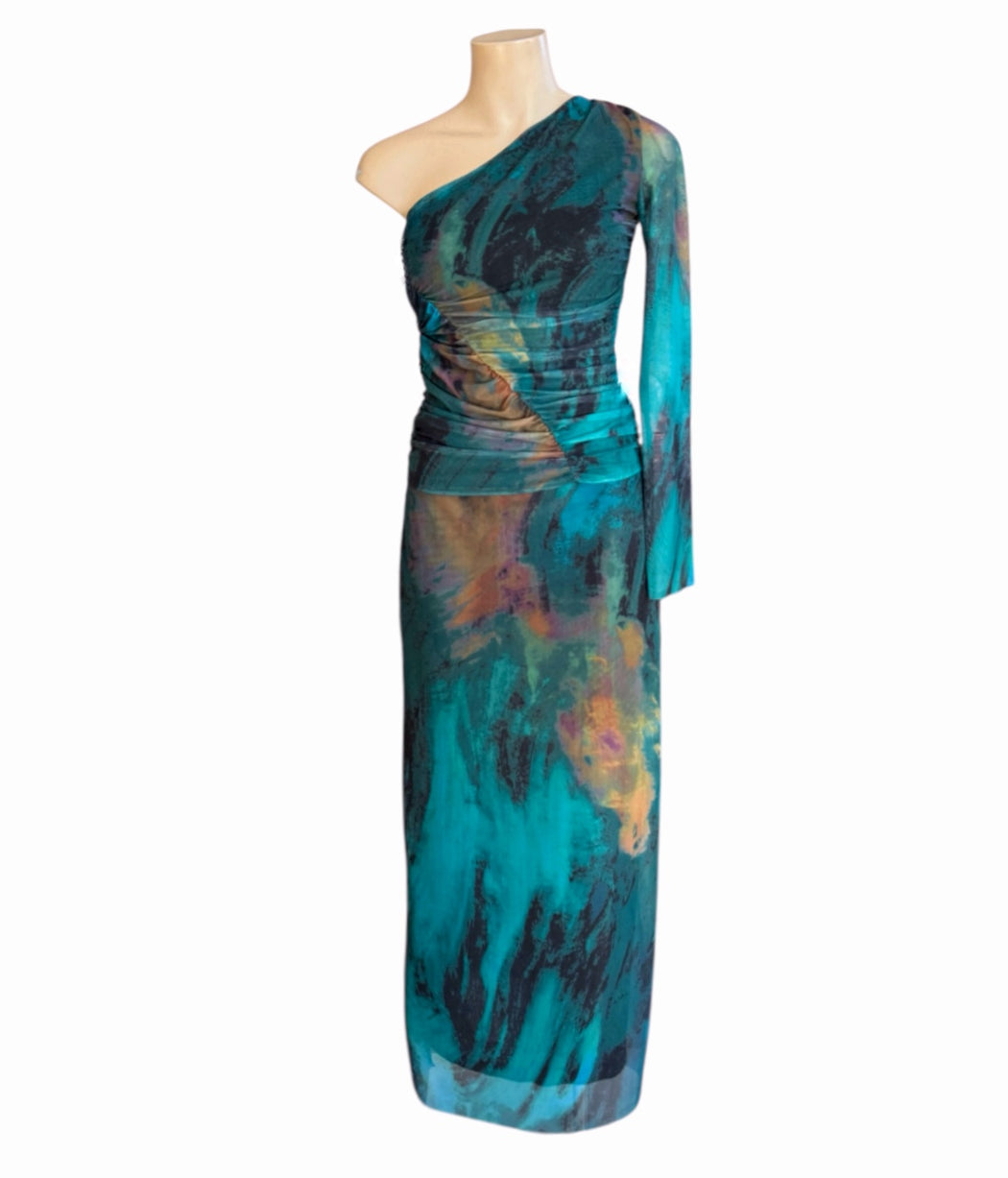 One shoulder Mesh Two Piece Skirt and Top set - Teal multi