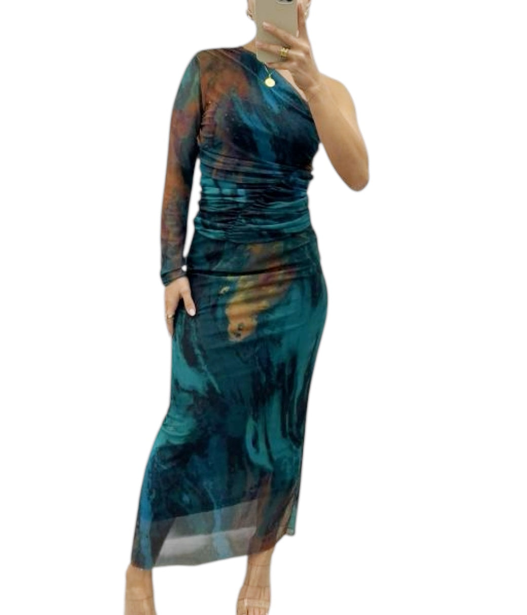 One shoulder Mesh Two Piece Skirt and Top set - Teal multi