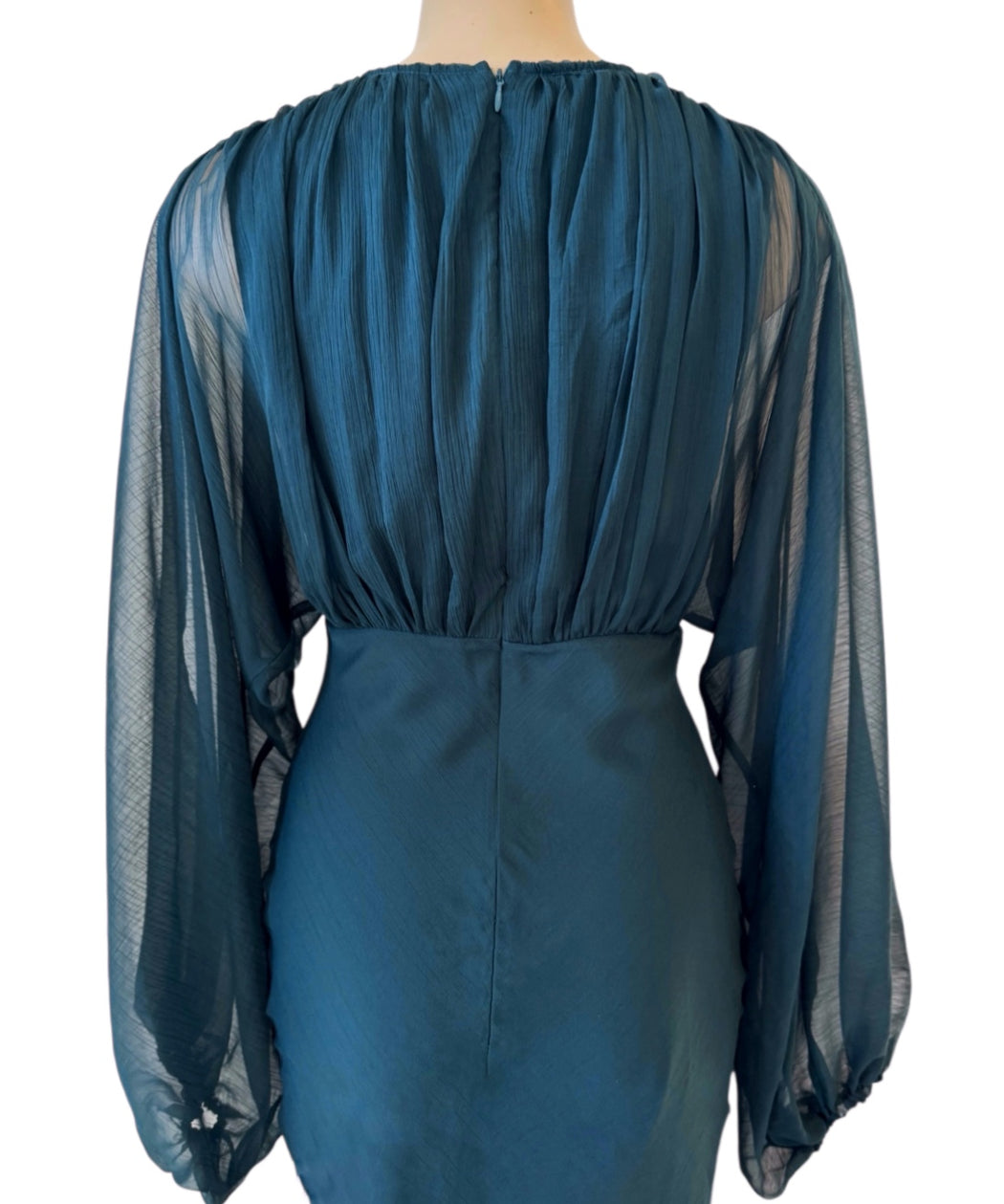Balloon Sleeve Evening Dress - Dark Green