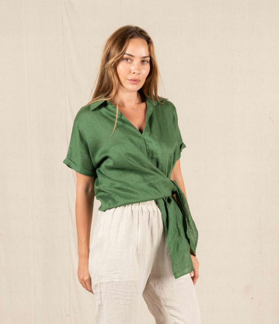Customer fave! Roll Sleeve Linen Tie Top - Green