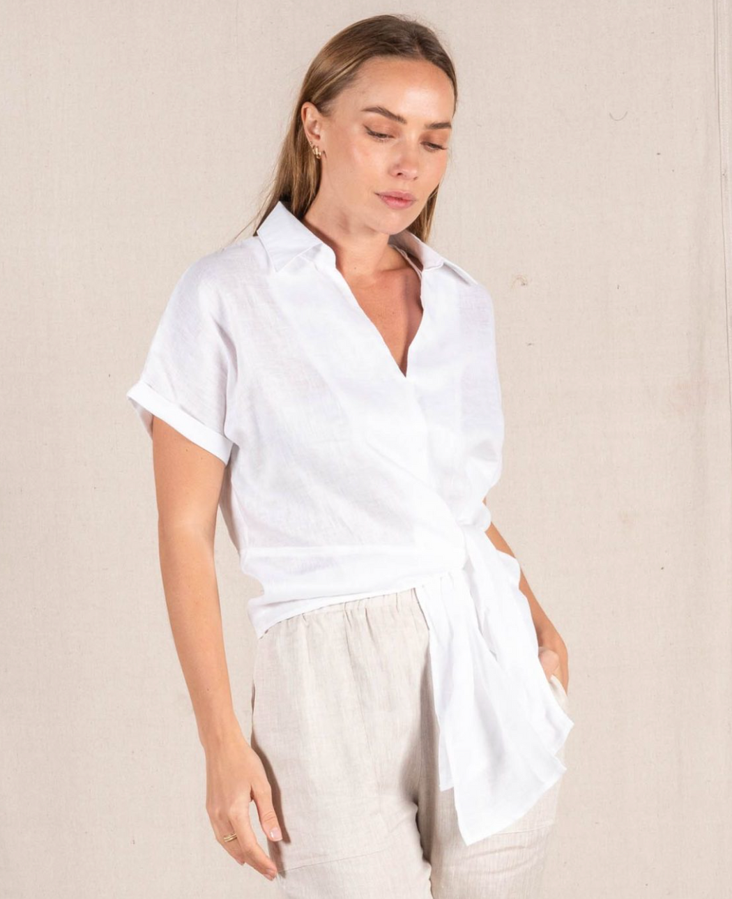 Customer fave! Roll Sleeve Linen Tie Top - White