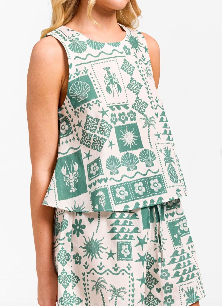 Talia Crop Top - White and green print