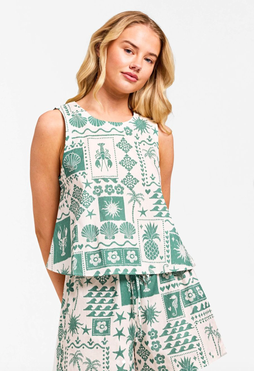 Talia Crop Top - White and green print