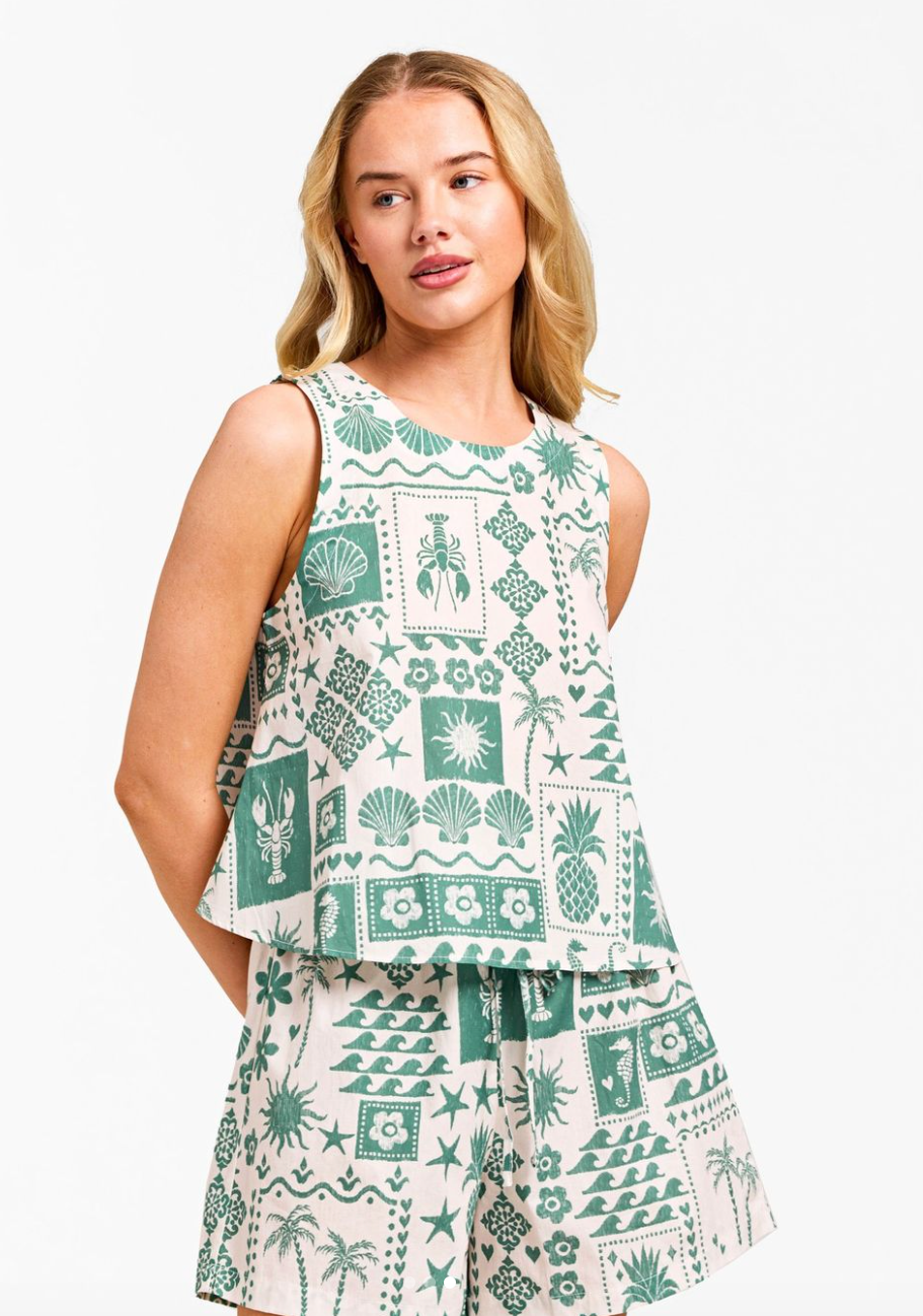 Talia Crop Top - White and green print