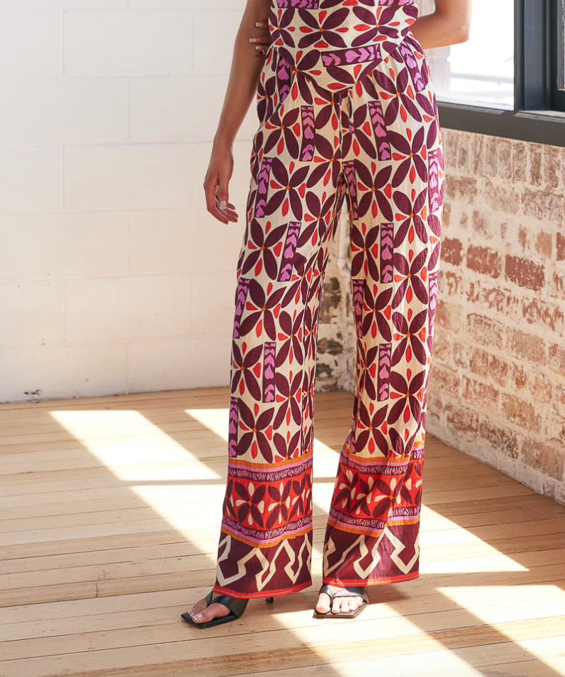 Geo Floral Straight Leg Pants - Berry