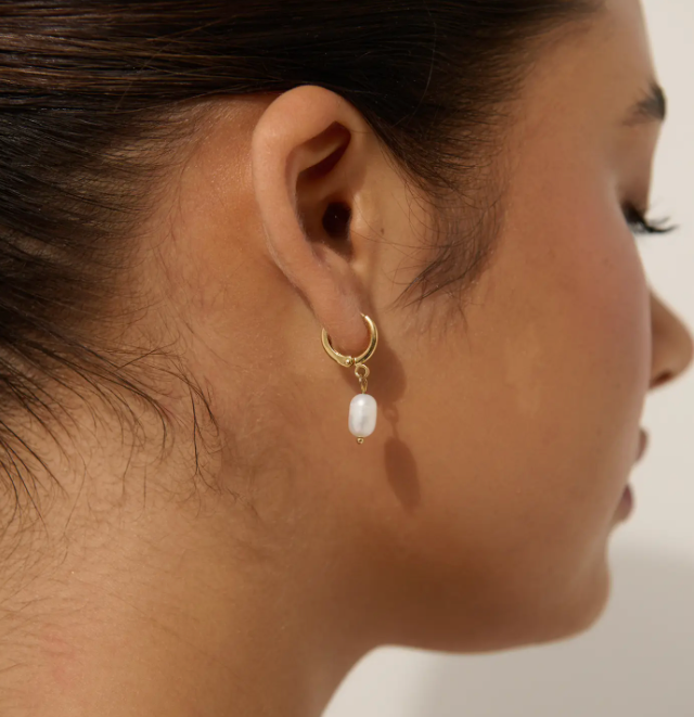 Gold Single Pearl Drop Hoops