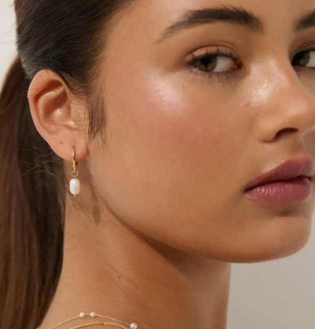 Gold Single Pearl Drop Hoops