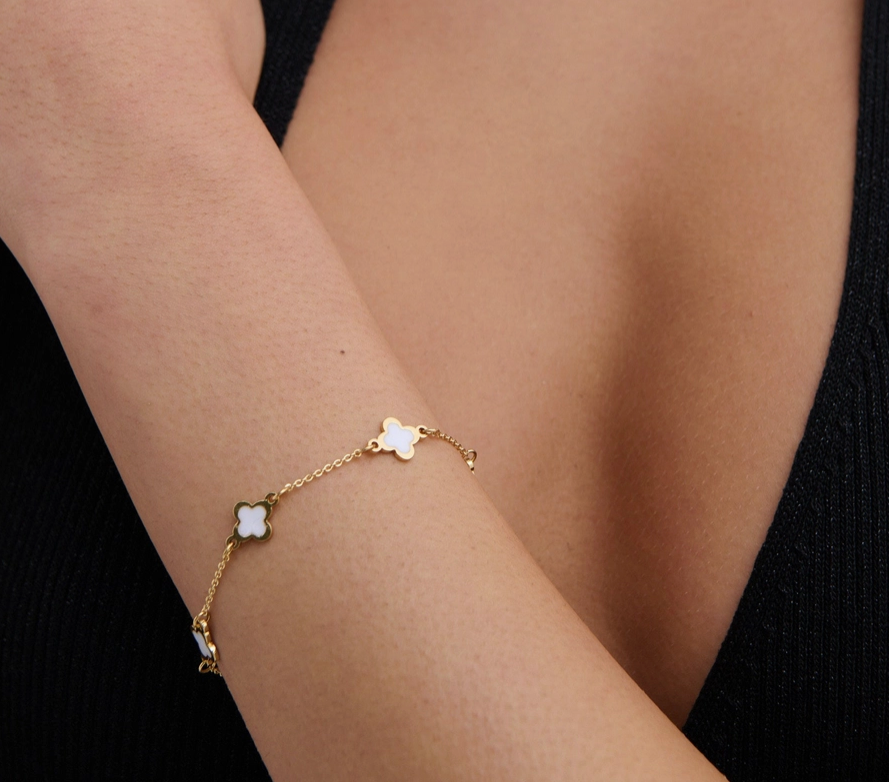 18k Plated Gold Clover and white Bracelet
