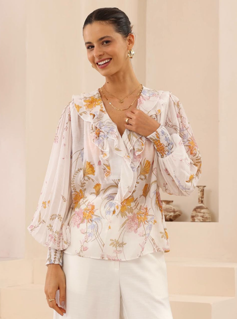 Balloon Sleeve Frill Blouse - White floral