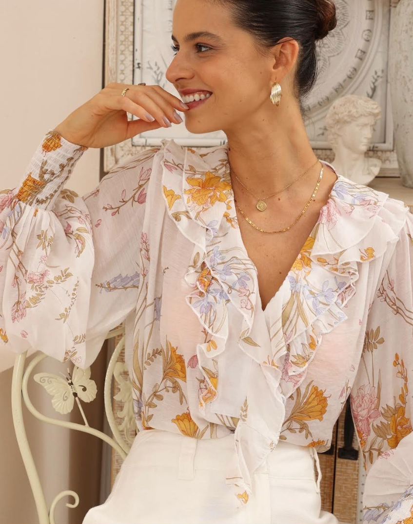 Balloon Sleeve Frill Blouse - White floral