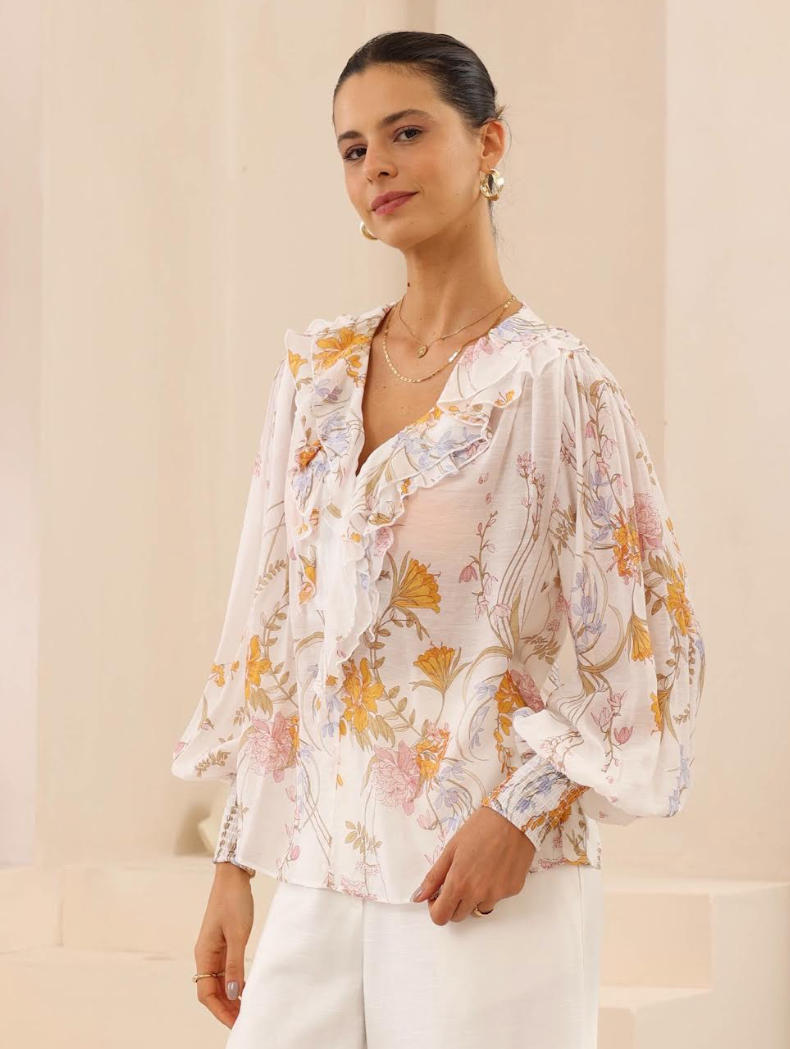 Balloon Sleeve Frill Blouse - White floral