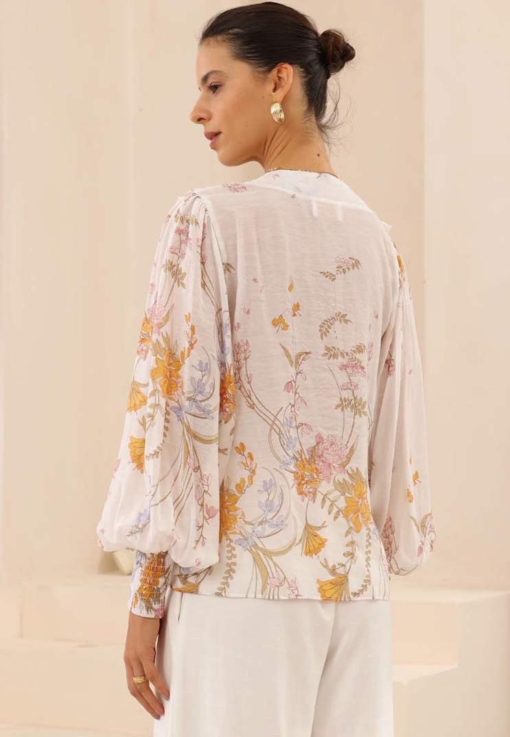 Balloon Sleeve Frill Blouse - White floral