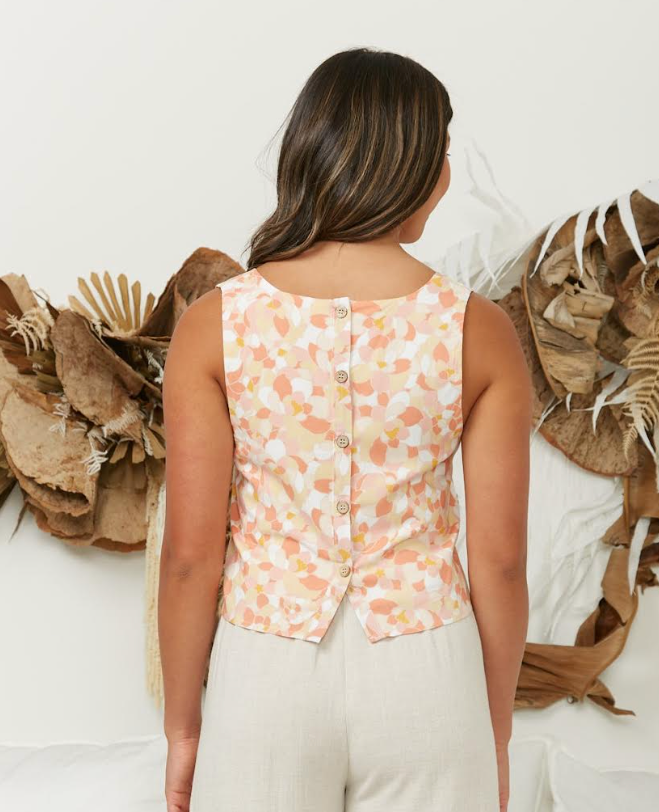 Button Back Detail Linen Crop Top - Pebble multi pink