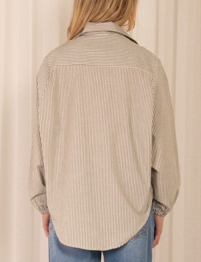 Elastic Sleeve Stripe Shirt - Khaki and White