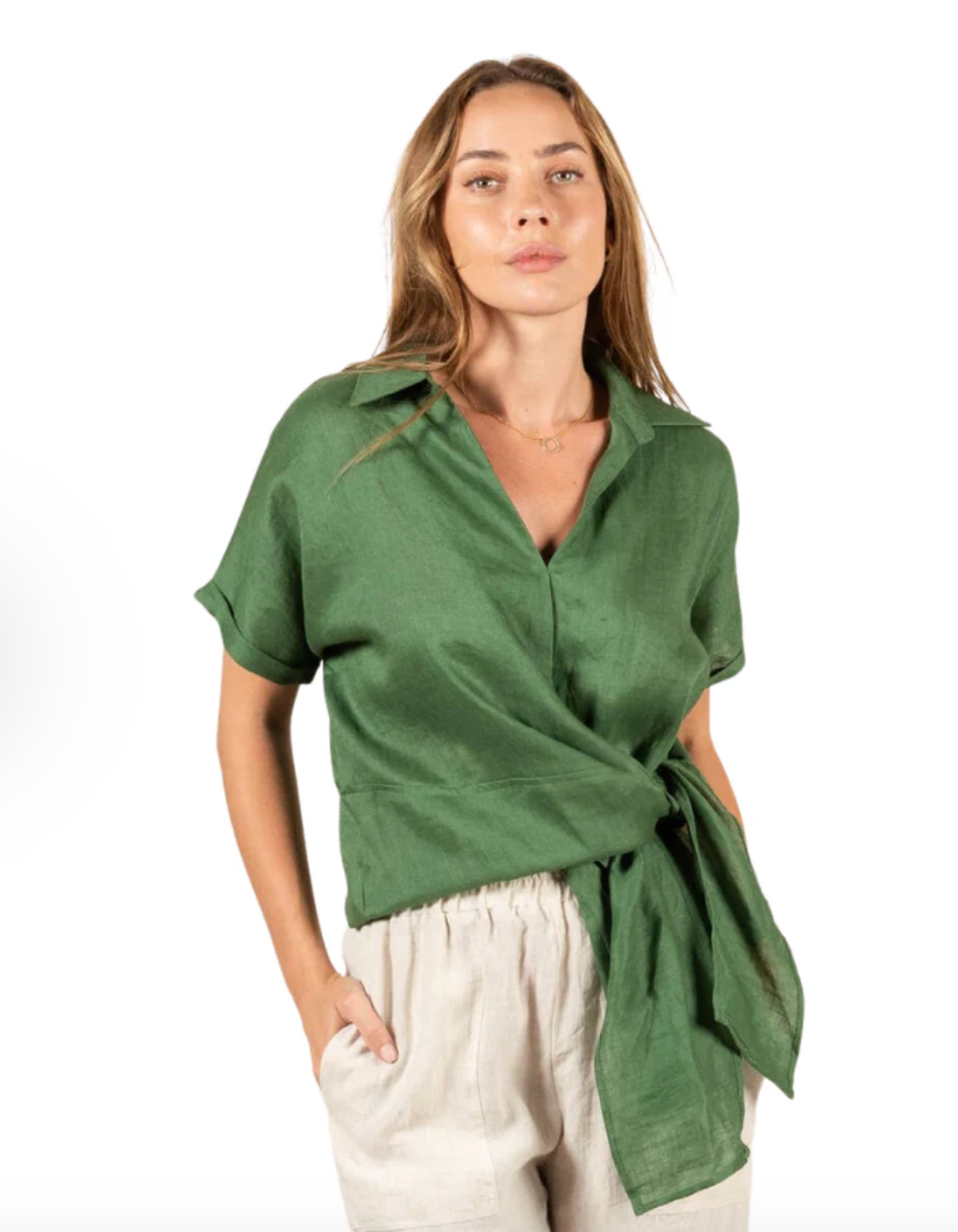 Customer fave! Roll Sleeve Linen Tie Top - Green