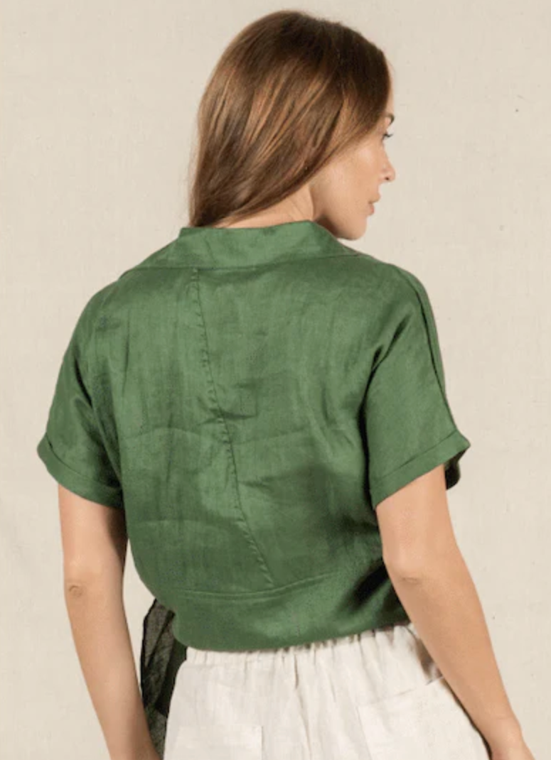 Customer fave! Roll Sleeve Linen Tie Top - Green