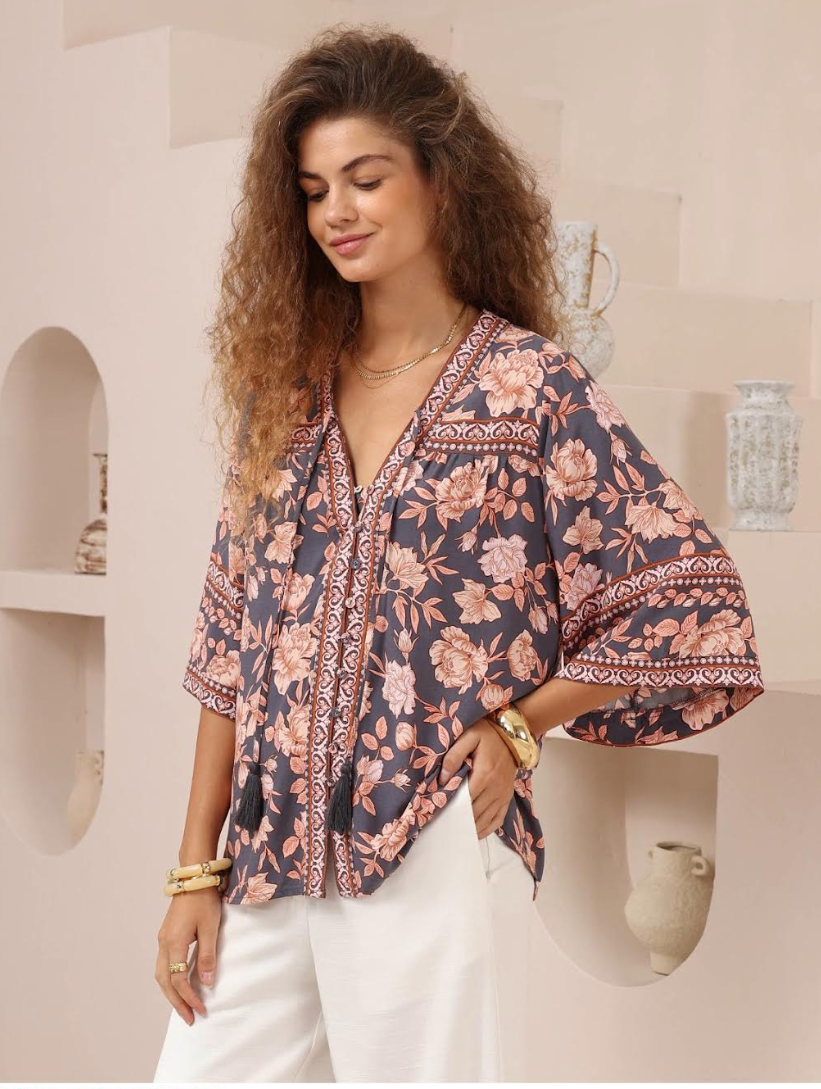 Short Sleeve Blouse - Rose Floral