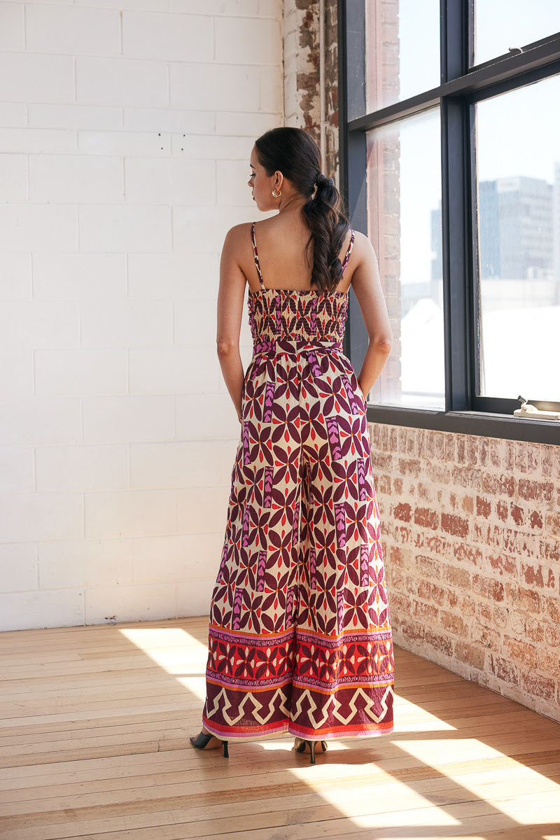 Geo Berry Tie front Jumpsuit - Multi