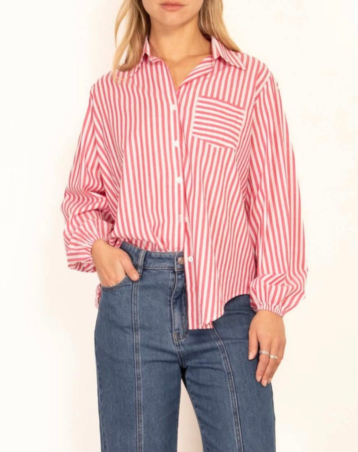 Elastic Sleeve Stripe Shirt - Red and White