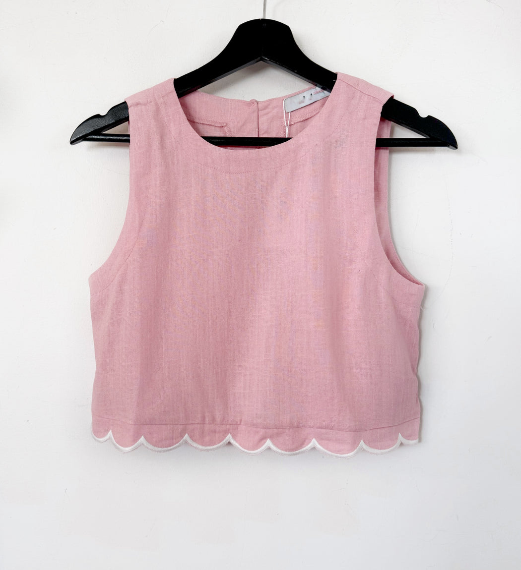 Scallop Hem Crop Top - Pink and White