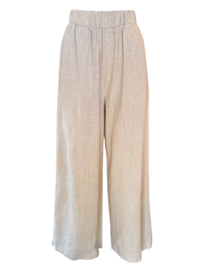 Elastic waist Linen Blend Pants - Natural