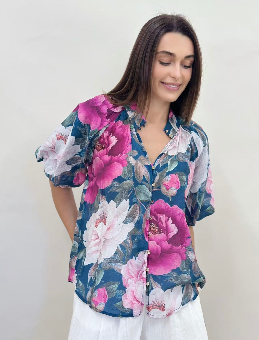 Short Sleeve Blouse - Teal floral